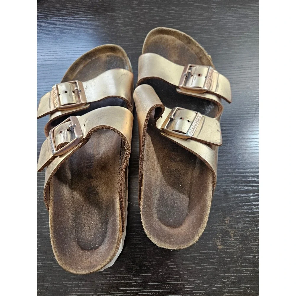 Birkenstock‎ Arizona Metallic Rose Gold Leather Two Strap Sandals Slides Womens